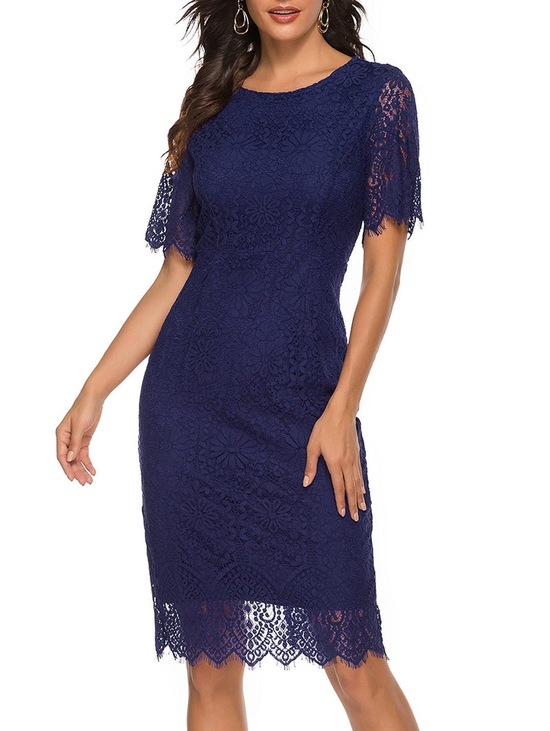 MEROKEETY Women's Short Sleeve Lace Floral Cocktail Dress Crew Neck Knee Length for Party, ShortNavy, Large - Image 3